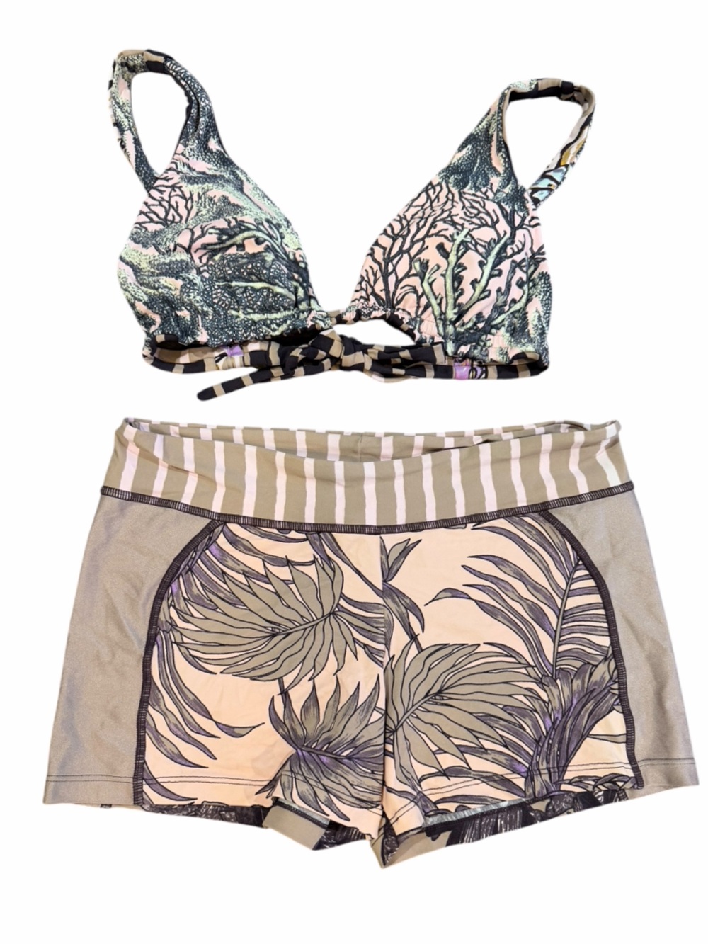 Maaji Reversible Bikini Set Tropical Stripe High Waist Bottoms Sz L Top S/M
